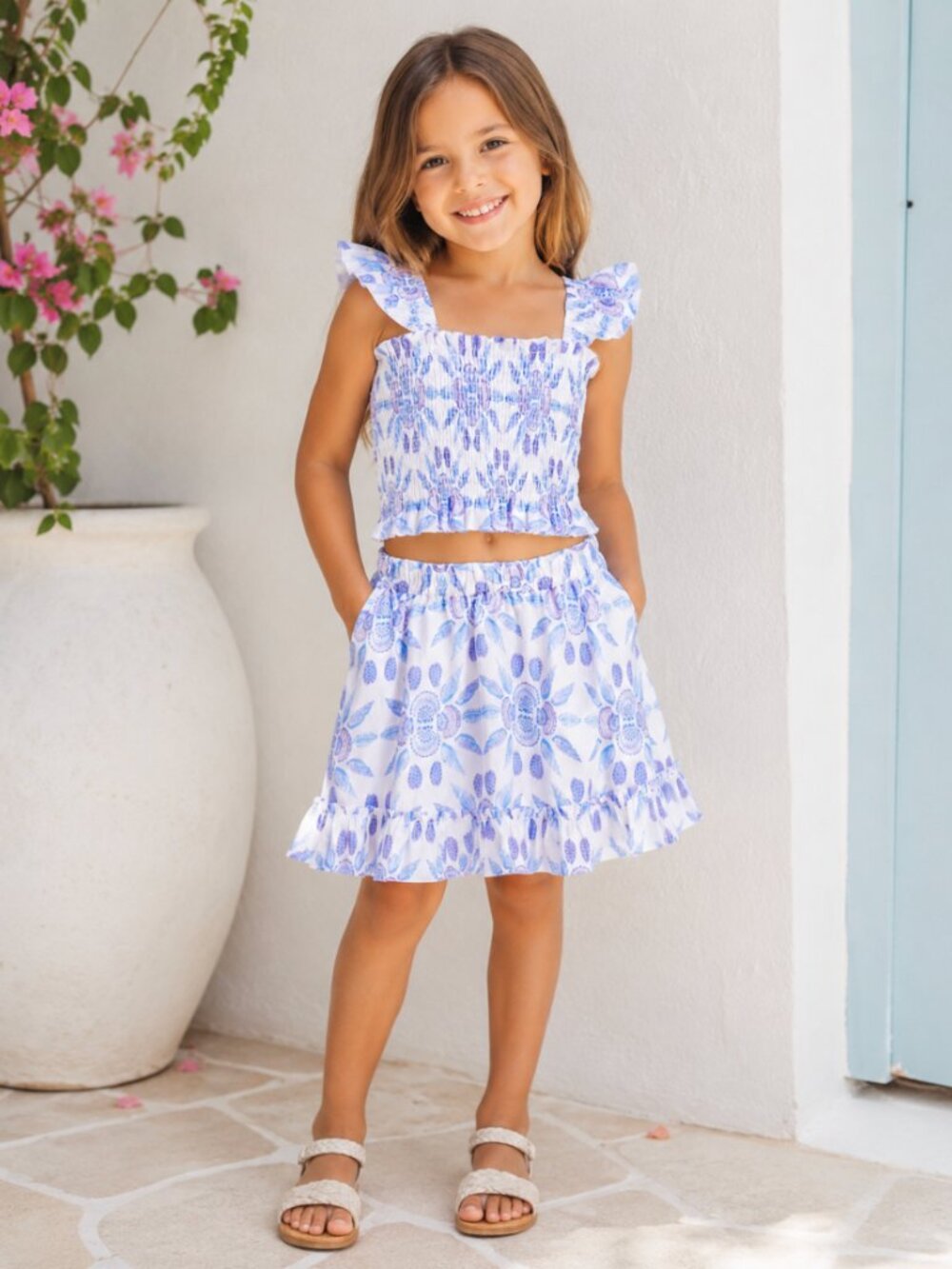 Hill House Home Tiny Paz Set Blue Mosaic Linen Girls SIZE 5-6